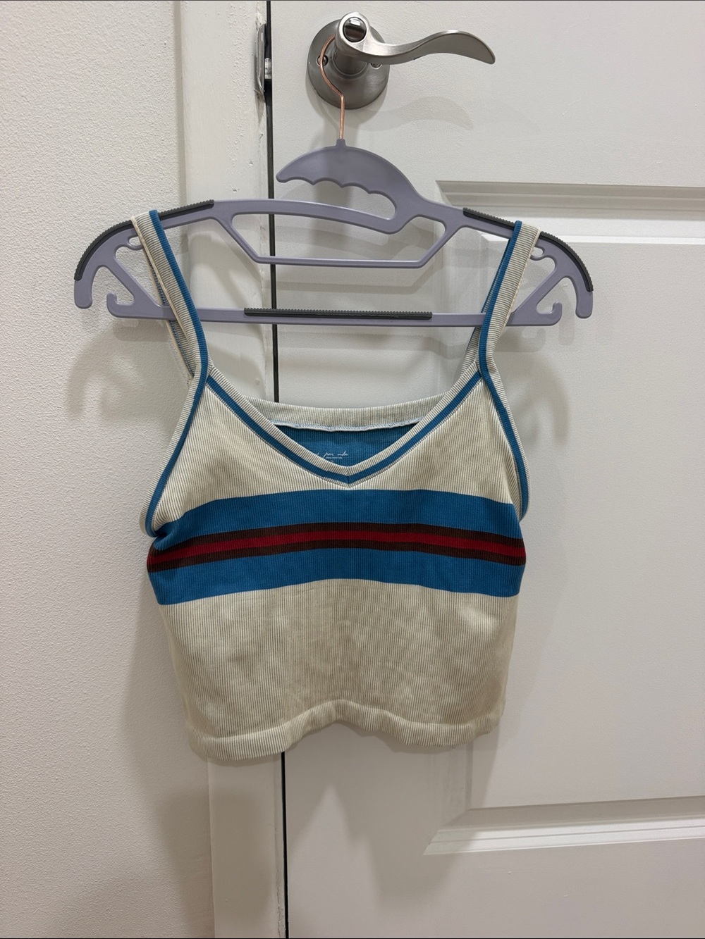 Urban Outfitters Cream Cropped Tank with Blue and Red Stripes